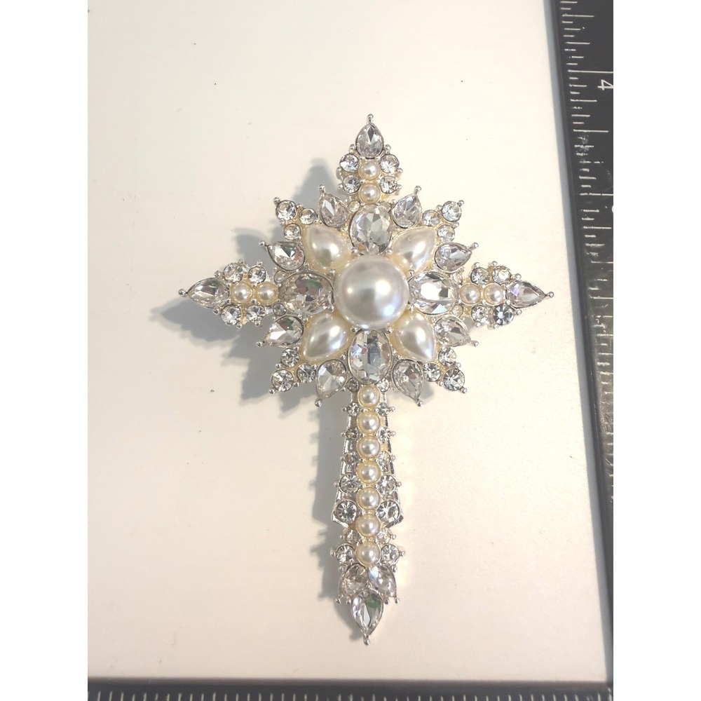 Napier Silver Tone Faux Pearl Rhinestone Cross Brooch Vintage Style Pin 3.5 Inch